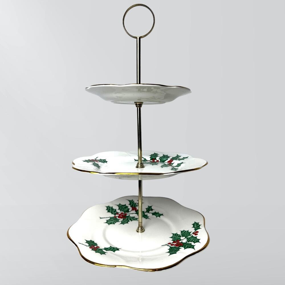 Vintage Rosina Bone China Queens Yuletide Three Tiered Serving Tray